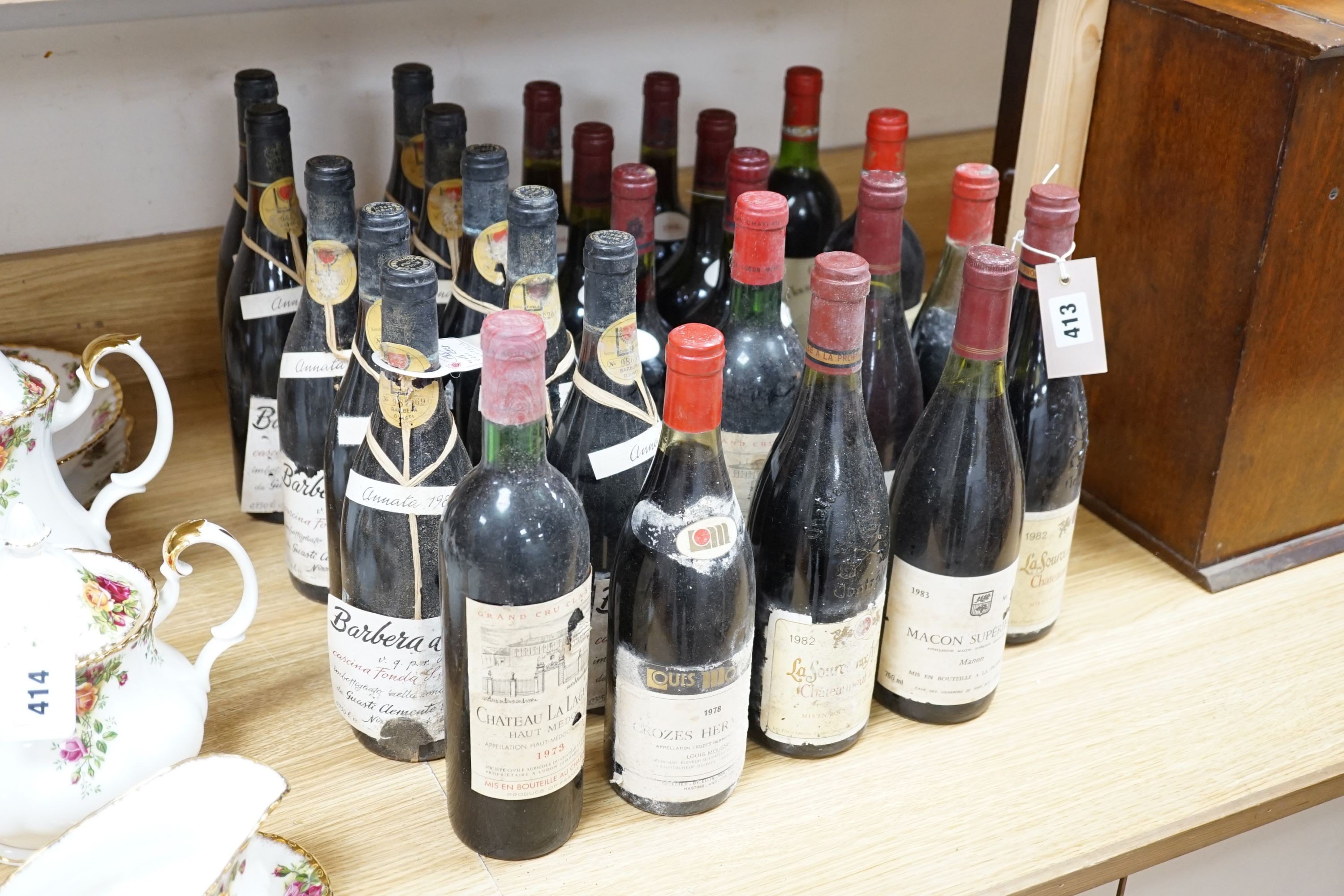 26 bottles of mixed red wines, 10 bottles Barbera D'Asti 1985, 6 bottles of Domaine de Coyeux 1986, 2 bottles of Chateauneuf du Pape 1982 etc